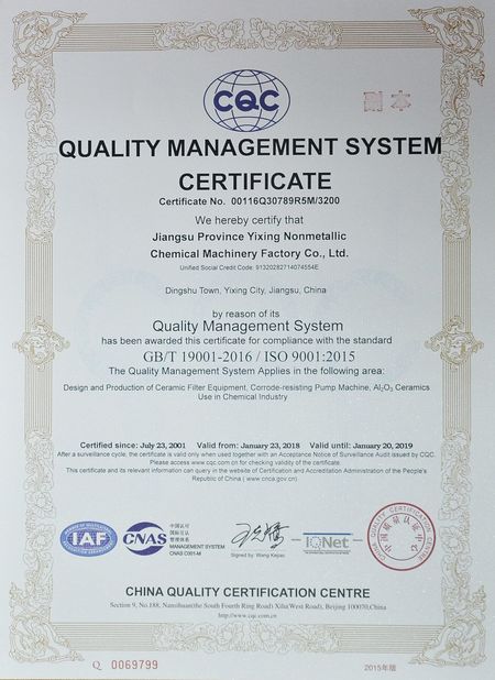 Porcellana Jiangsu Province Yixing Nonmetallic Chemical Machinery Factory Co., Ltd Certificazioni